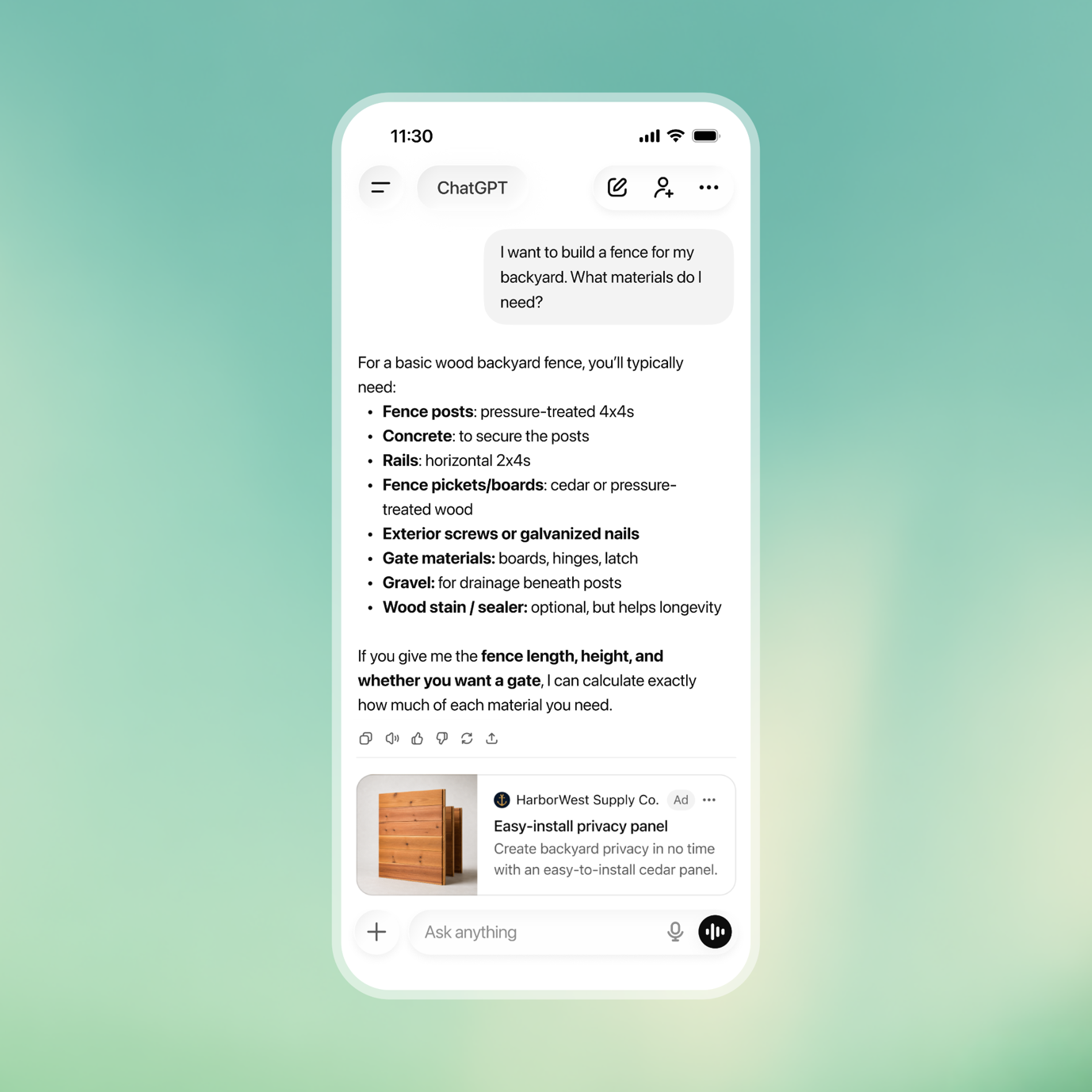 Esempio di annuncio su ChatGPT: in fondo alla risposta compare un box sponsorizzato con immagine, inserzionista e testo