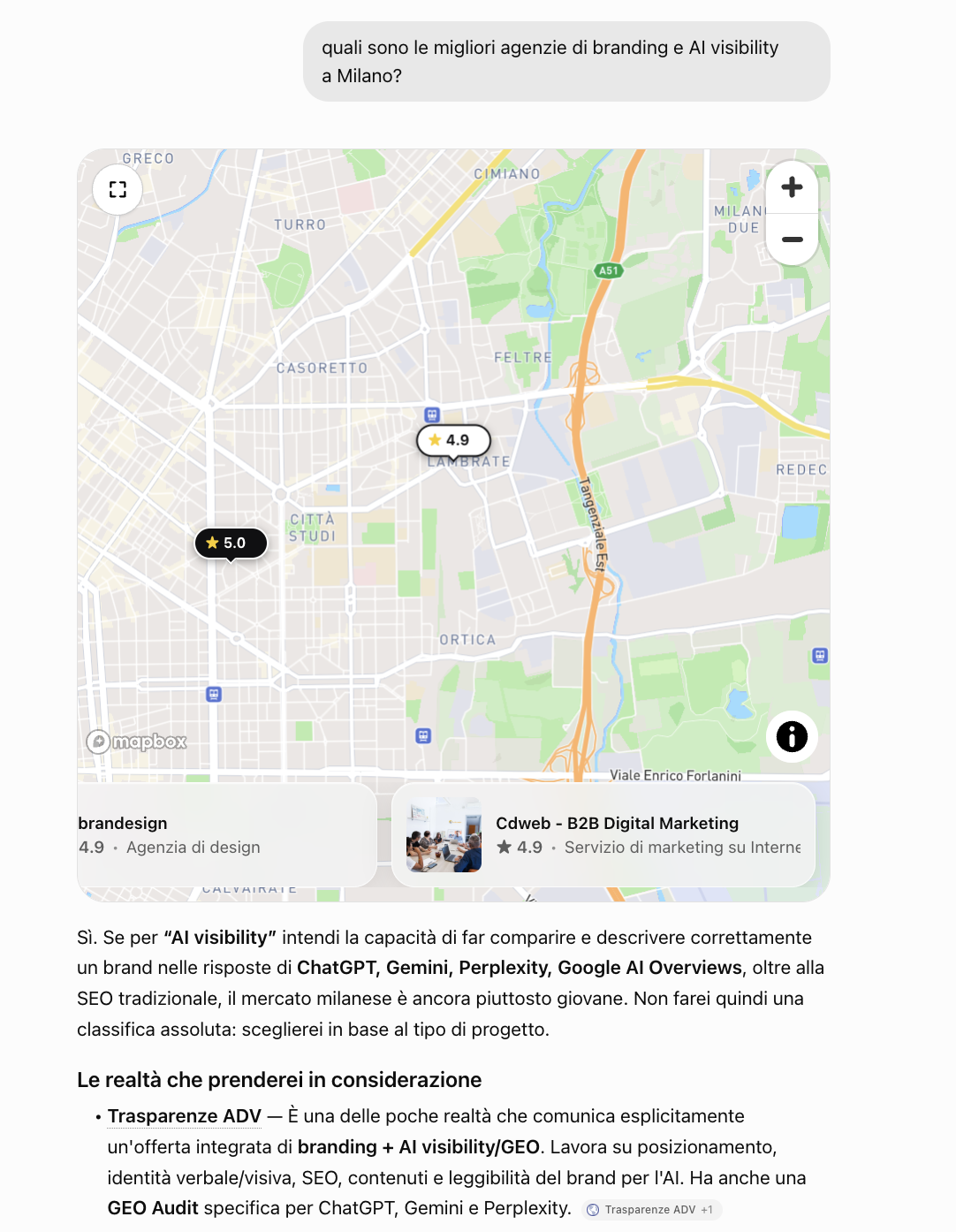 ChatGPT risponde alla domanda sulle migliori agenzie di branding e AI visibility a Milano citando Trasparenze ADV e le pagine riscritte come fonti