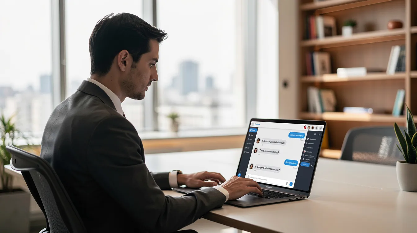 Un professionista in ufficio lavora al laptop con un’interfaccia di chat aperta sullo schermo