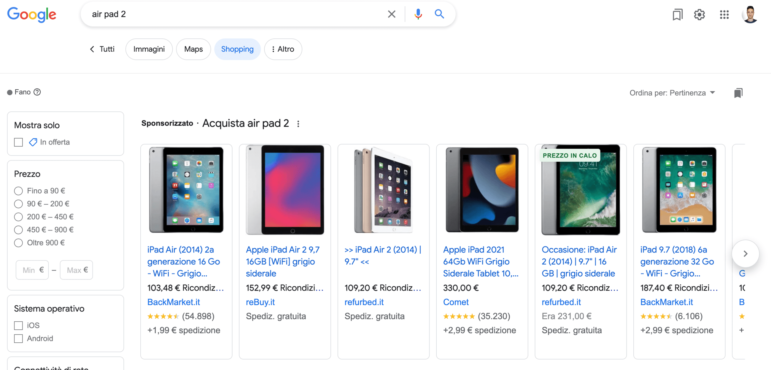 Cos'è Google Shopping, schermata di ricerca