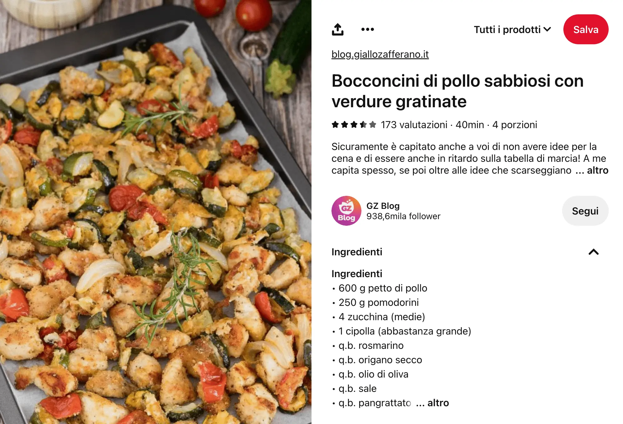 Un pin di Pinterest di esempio con una ricetta di bocconcini di pollo con verdure