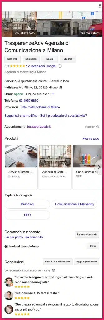 Scheda Google Business Profile Trasaprenze ADV Milano