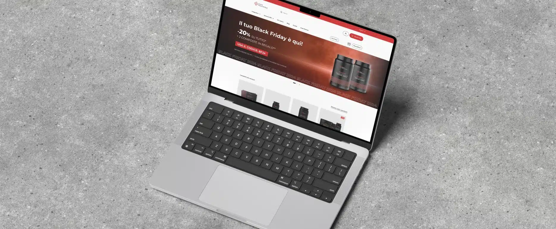 Mockup di un pc che mostra il sito di Swiss Natural Med con il banner del Black Friday